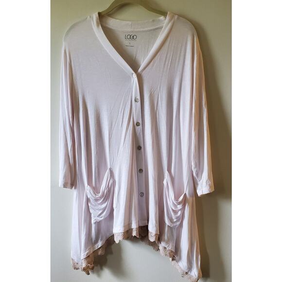 Logo Womans Blouse Ivory Rayon Solid Tunic Pockets Button Up Gray Lace Trim Sz L - Picture 1 of 12